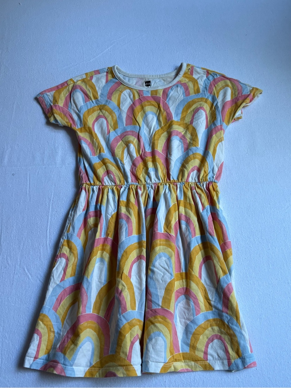 Tea Collection Rainbow Print Cotton Dress - White, Yellow & Pink